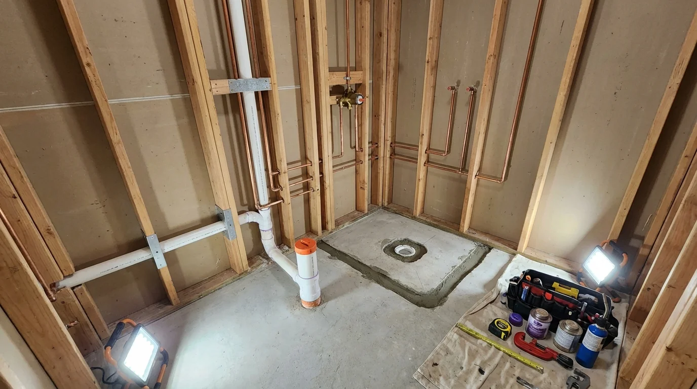 Bathroom rough-in plumbing during remodel by Johns Plumbing LLC in Gibson