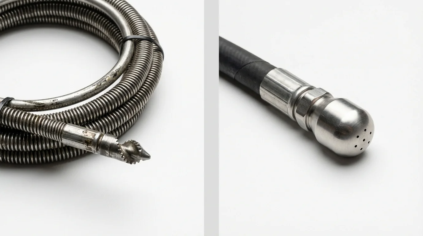 Drain snake cable and hydro jetting nozzle used for drain cleaning in Gibson, GA