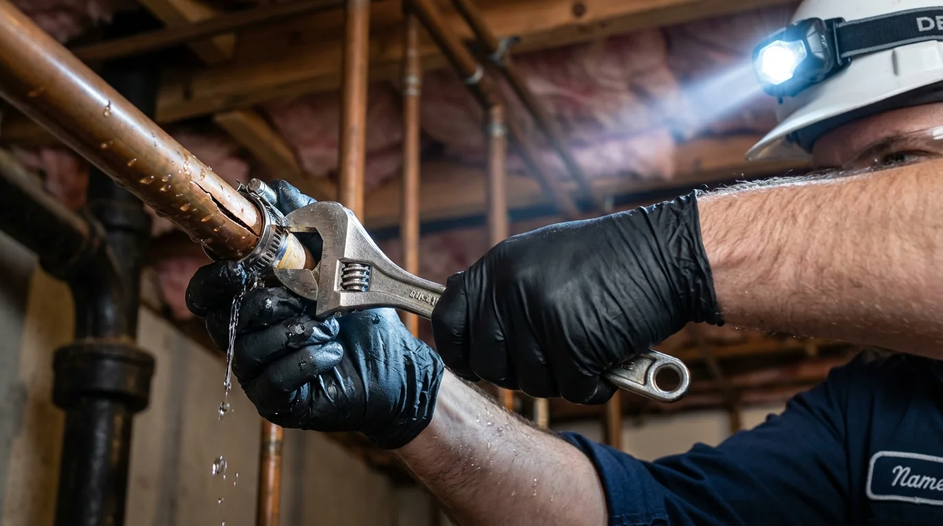 Emergency pipe clamp repair being performed by a Johns Plumbing LLC plumber in Gibson