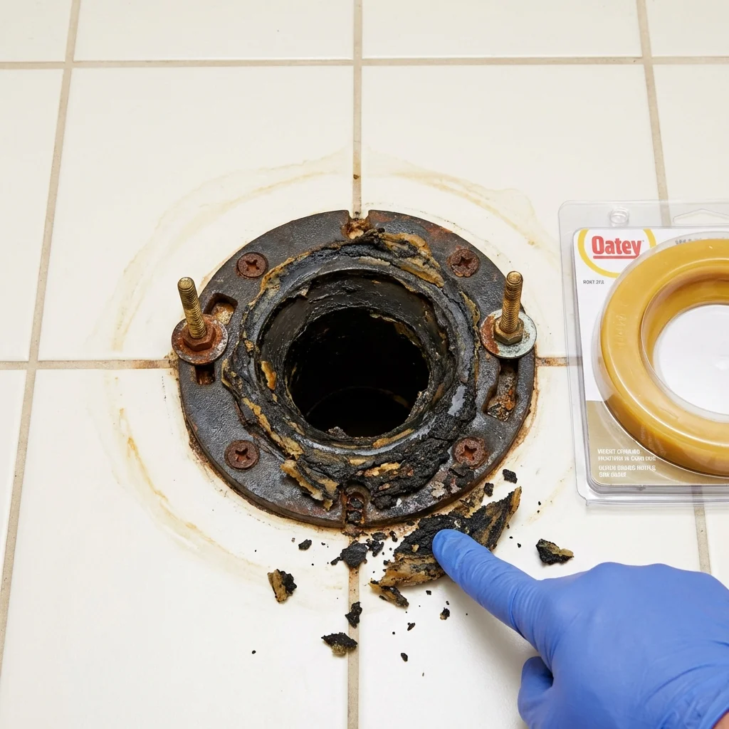 Failed wax ring showing water seepage at the base of a toilet in a Gibson, GA home